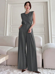 WOMEN SOLID SLEEVELESS TOP AND WIDE LEG PANTS