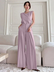 WOMEN SOLID SLEEVELESS TOP AND WIDE LEG PANTS