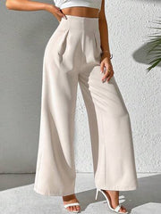 Women Wide Leg Casual Pants With Textured Solid Color Fabric