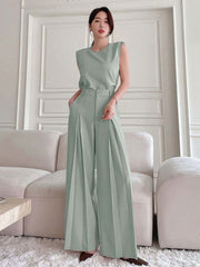 WOMEN SOLID SLEEVELESS TOP AND WIDE LEG PANTS