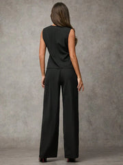 Women's Solid Color Asymmetric Hem Vest Blazer& And Pants Set