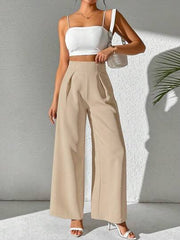 Women Wide Leg Casual Pants With Textured Solid Color Fabric