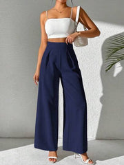 Women Wide Leg Casual Pants With Textured Solid Color Fabric