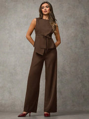 Women's Solid Color Asymmetric Hem Vest Blazer& And Pants Set
