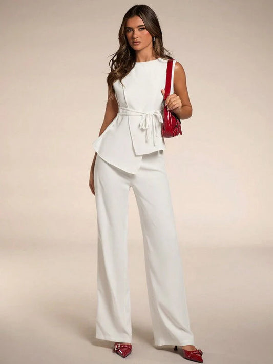 Women's Solid Color Asymmetric Hem Vest Blazer& And Pants Set
