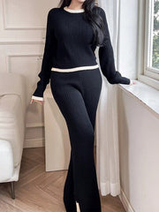 WOMEN CASUAL RIBBED KNIT SWEATER AND PANTS SET