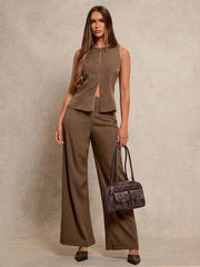 Women's 2pcs Set Notch Neck Double-Zipper Waist Casual