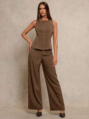 Women's 2pcs Set Notch Neck Double-Zipper Waist Casual