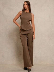 Women's 2pcs Set Notch Neck Double-Zipper Waist Casual