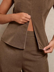 Women's 2pcs Set Notch Neck Double-Zipper Waist Casual
