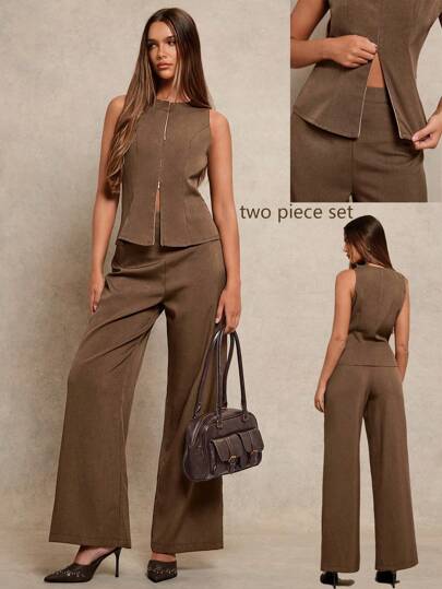 Women's 2pcs Set Notch Neck Double-Zipper Waist Casual