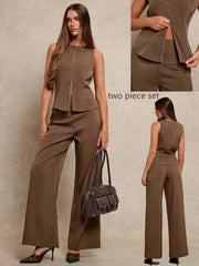 Women's 2pcs Set Notch Neck Double-Zipper Waist Casual