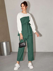 Women's Two Tone Belted Top & Pants 2 Piece Set