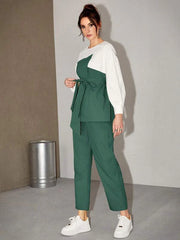 Women's Two Tone Belted Top & Pants 2 Piece Set