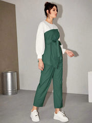 Women's Two Tone Belted Top & Pants 2 Piece Set