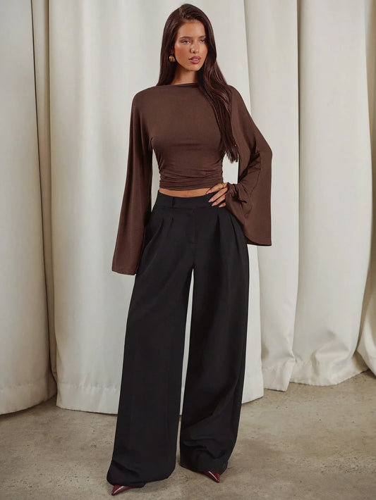SOLID COLOR BELL SLEEVE CROPPED TOP