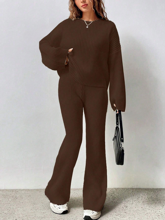 SOLID COLOR DROP SHOULDER SWEATER AND KNITTED WIDE LEG PANTS