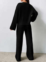 SOLID COLOR DROP SHOULDER SWEATER AND KNITTED WIDE LEG PANTS