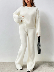 SOLID COLOR DROP SHOULDER SWEATER AND KNITTED WIDE LEG PANTS