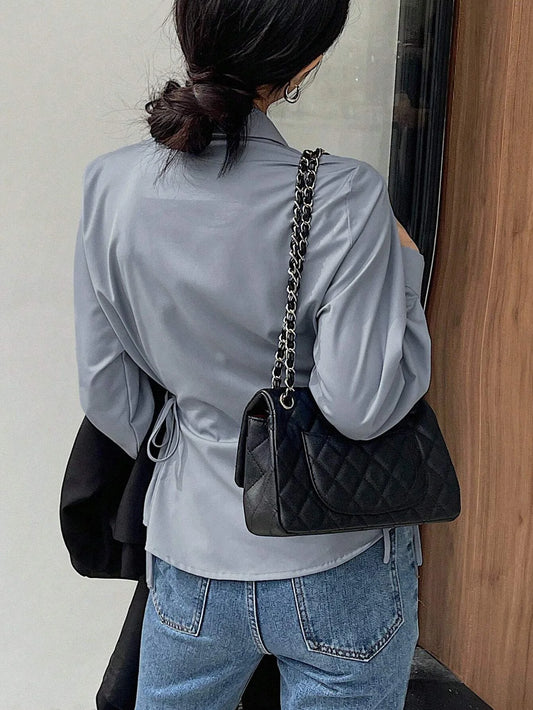 WOMEN'S BUSINESS CASUAL SOLID COLOR LAPEL LONG SLEEVE TIE WAIST BLOUSE