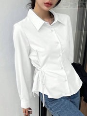 WOMEN'S BUSINESS CASUAL SOLID COLOR LAPEL LONG SLEEVE TIE WAIST BLOUSE